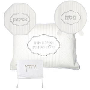 Pesach Set Faux Leather 4 Piece White and Silver Embroidered Lines Design