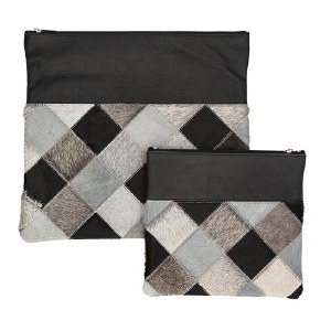 Tallis and Tefillin Bag Set Leather Dark Gray Checkered Fur Design