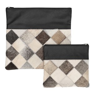Tallis and Tefillin Bag Set Leather Light Gray Checkered Fur Design