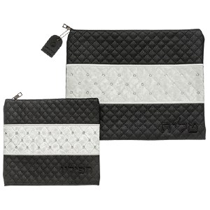 Tallis and Tefillin Bag Set Faux Leather White Stripe Quilted Design Black