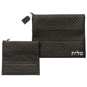 Tallis and Tefillin Bag Set Faux Leather Black Quilted Design Silver Accent