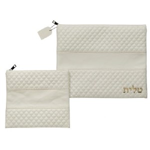 Tallis and Tefillin Bag Set Faux Leather White Quilted Design Gold Accent