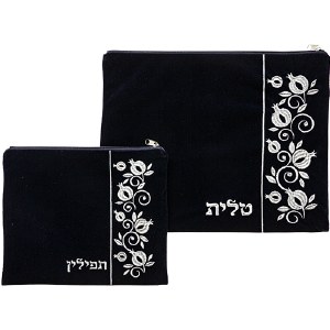 Velvet Tallis and Tefillin Bag Set Embroidered Pomegranate Design Black