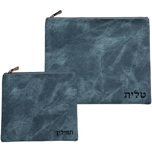 Tallis and Tefillin Bag Set Faux Leather Marble Design Embroidered Accent Blue