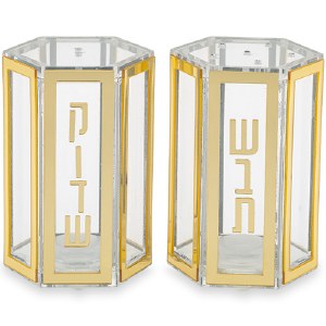 Lucite Hexagon Salt and Pepper Shaker Set Gold Line Border Design