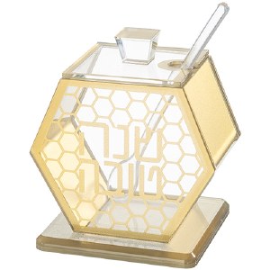 Lucite Honey Dish on Base Hexagon Shape Honeycomb Design with Honey Dipper Gold 3.4"