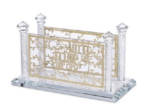Crystal Napkin Holder Floral Design Metal Plates Crushed Glass Stems Gold 6.7"