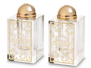 Crystal Salt and Pepper Shaker Set Laser Cut Floral Design Metal Plates Gold 2.4" x 1.6"