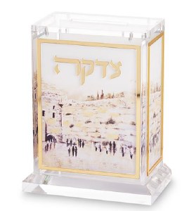 Lucite Tzedakah Charity Box Rectangle Shape Gold Line Border Kosel Design 5.9"