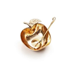 Metal Honey Dish with Spoon Open Apple Design Gold