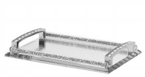 Crystal Mirror Tray Accented with Studded Handles and Crushed Stones Border 8" x 5.5"