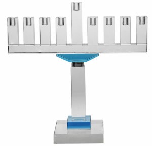Crystal Candle Menorah Rectangle Shape Blue Silver Accent Stem on Rectangle Base 13"