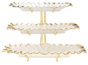 Ceramic 3 Tier Serving Tray White Accented Gold Edge 12"