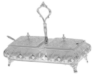 Silver Plated 2 Part Sectional Condiments Serving Dish with Covers and Spoons 8.5"