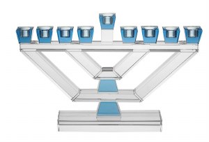 Crystal Candle Menorah Geometric Shape Design Blue Accent Cups on Rectangle Base