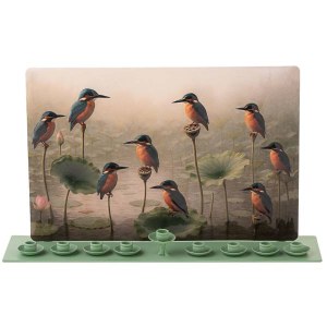 Metal Strip Candle Menorah Birds in Lotus Pond Design Green 12"