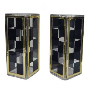 Lucite Salt and Pepper Shaker Set Checkerboard Design Gold Accent