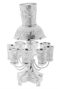 Silver Plated Kiddush Fountain Large Kiddush Cup with 8 Small Cups Jerusalem Design 9"