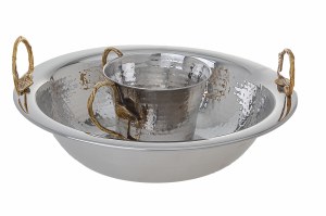 Hammered Stainless Steel Washing Cup and Bowl Set Leaf Handle Design