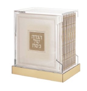 Lucite Haggadah Holder Includes Set of 6 Faux Leather Cream Gold Haggadahs Ashkenaz