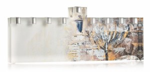 Lucite Menorah Painted Jerusalem Design 13.5"