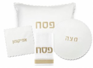 Pesach Set Faux Leather 4 Piece White and Gold Scalloped Edge Style