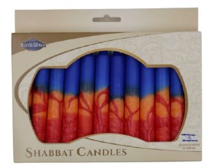 Shabbos Candles Handcrafted Red Blue Layer Design 5.5" 12 Count