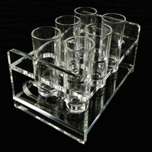 Glass Shot Cups Set of 6 in Lucite Holder Clear