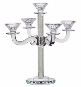 Crystal Candelabra 5 Branch Classic Style Designed with Clear Crystals in Stem Round 2 Tier Base 14"