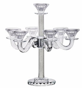 Crystal Candelabra 7 Branch Classic Style Designed with Clear Crystals in Stem Round 2 Tier Base 14"