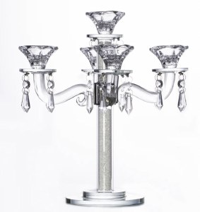 Crystal Candelabra 5 Branch Designed with  Crystals in Stem and Hanging Medallions 2 Tier Round Base 11.4"