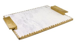 Marble Challah Board Gold Colored Handles Trim with Knife 11" x 16"