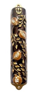 Metal Mezuzah Case Amber Pomegranate Design Clear Crystals Gold Accent 9cm