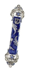 Metal Mezuzah Case Floral Star of David Design Silver Blue 5.5"