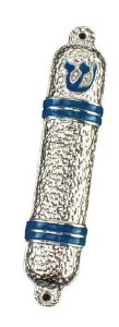 Metal Mezuzah Case Hammered Design Rounded Ends Blue Stripe Accent Silver 12cm