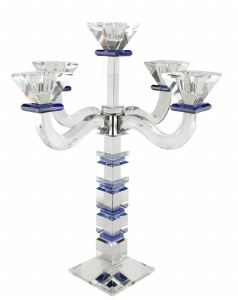 Crystal Candelabra 5 Branch Square Design Blue 18"