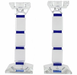 Crystal Candlesticks Square Design Blue Accent 7.8"