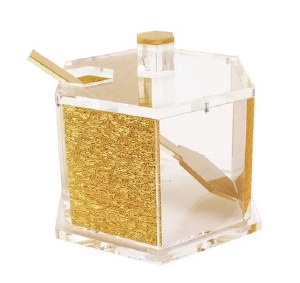 Lucite Hexagon Honey Dish with Spoon Glitter Design Gold