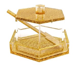 Lucite Honey Dish Hexagon Shape Glitter Base and Lid with Spoon Gold