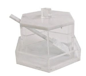 Lucite Honey Dish Hexagon Shape Marble Design Base and Lid with Spoon White