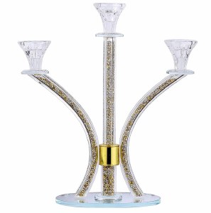 Crystal Candelabra 3 Branch Silver and Gold Stones in Stems Round Base 14"