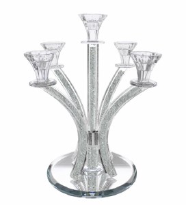 Crystal Candelabra 5 Branch Diamond Stones in Stems Round Base 14"