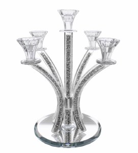 Crystal Candelabra 5 Branch Silver Stones in Stems Round Base 14"