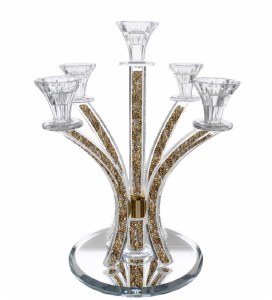 Crystal Candelabra 5 Branch Silver and Gold Stones in Stems Round Base 14"