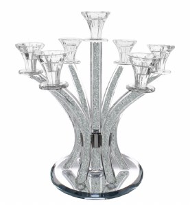 Crystal Candelabra 7 Branch Diamond Stones in Stems Round Base 13.5"