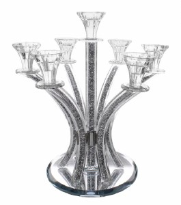 Crystal Candelabra 7 Branch Silver Stones in Stems Round Base 13.5"
