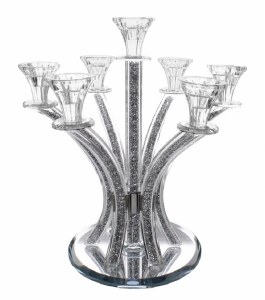 Crystal Candelabra 7 Branch Silver Stones in Stems Round Base 13.5"