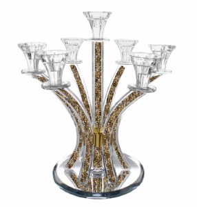 Crystal Candelabra 7 Branch Silver and Gold Stones in Stems Round Base 13.5"