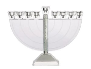 Glass Menorah Ornate Design Crushed Gemstones in Stem Square Base Silver 9.4" H