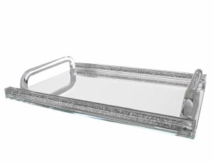 Crystal Mirror Tray Clear Handles Accented with Crushed Stones Border 16.5" x 11.75"